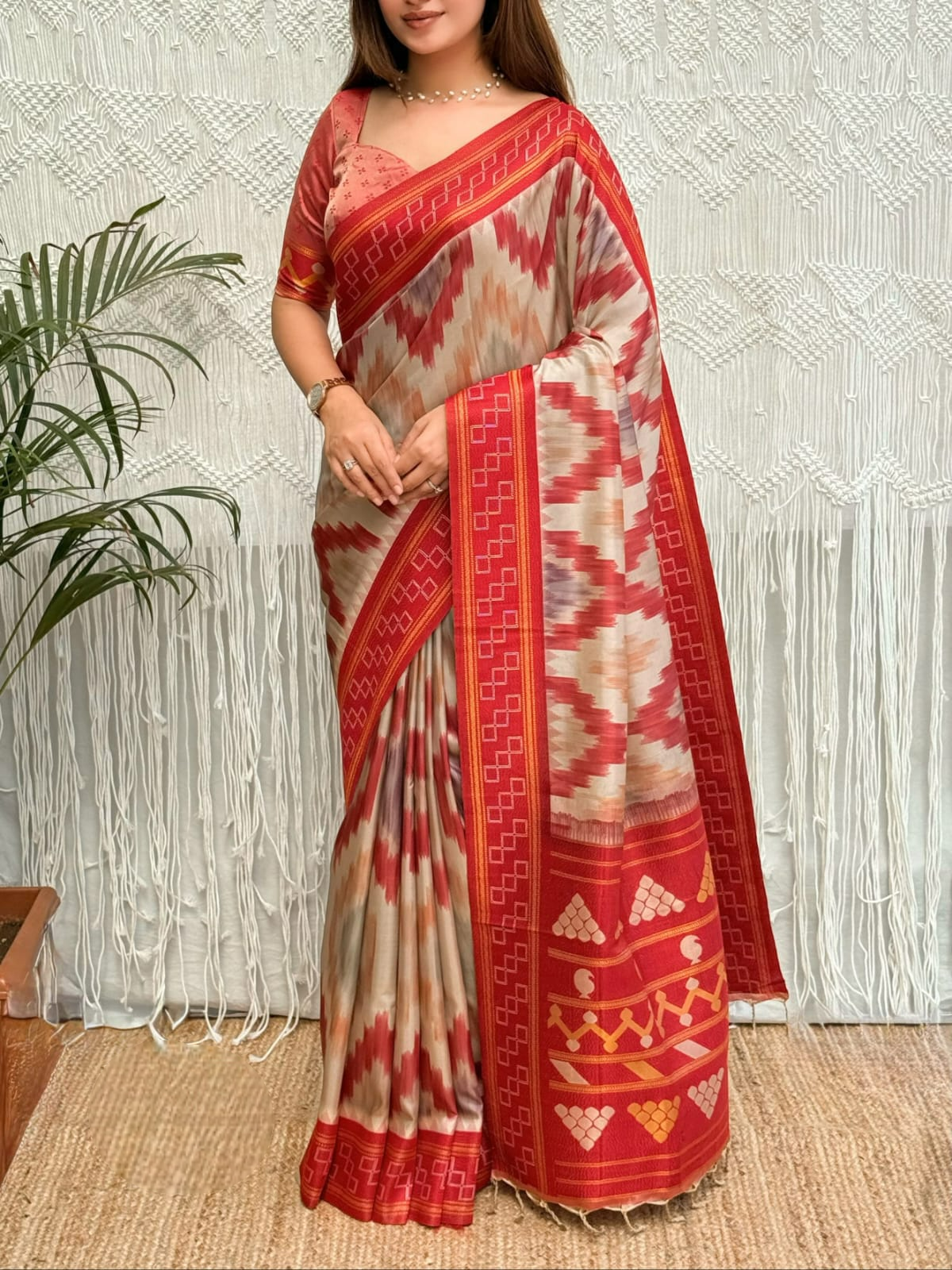 Minakari Viscose Silk Saree - Coral Red